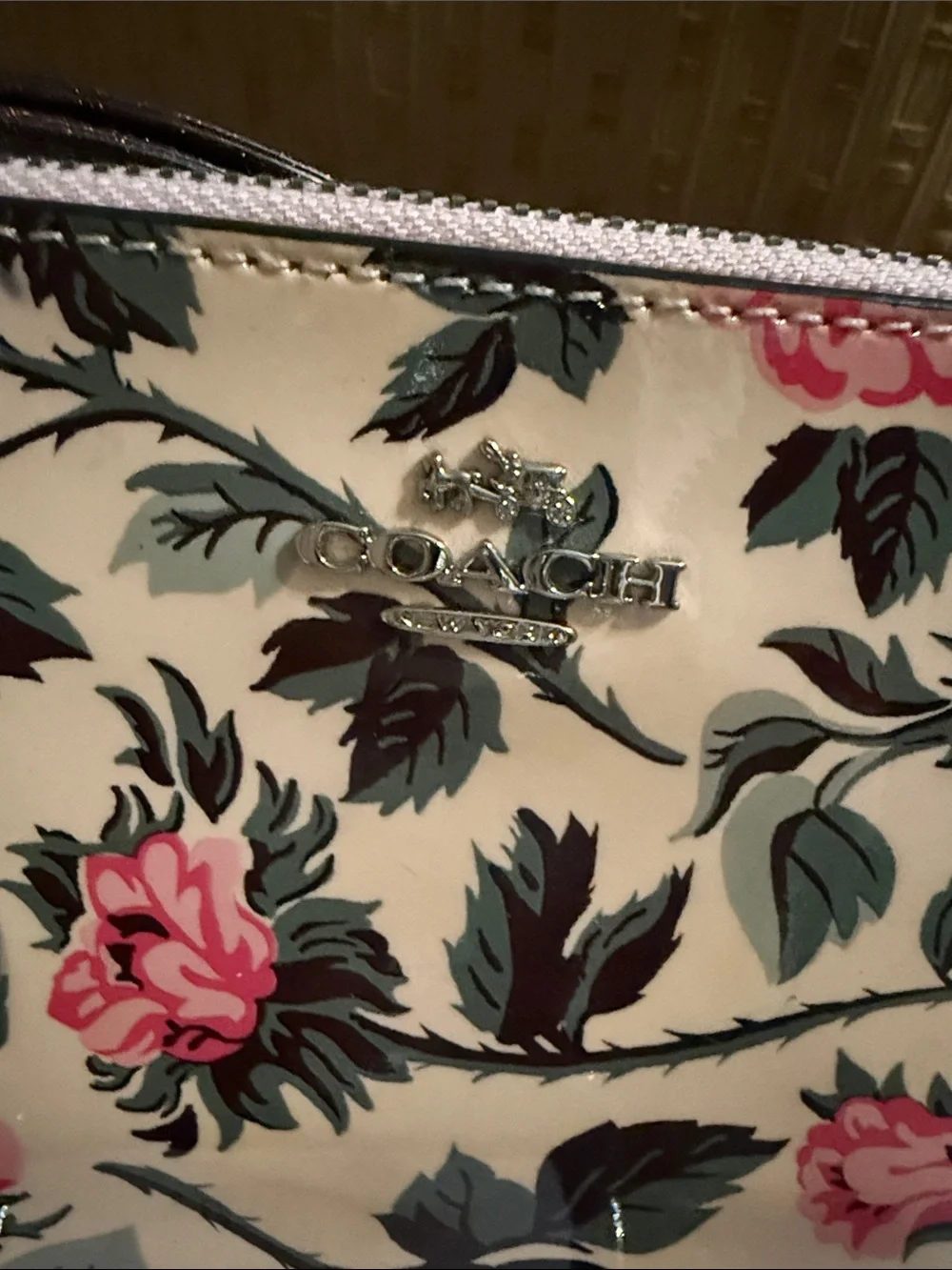 Coach Patent Leather Rose Print Foldover Clutch/wristlet